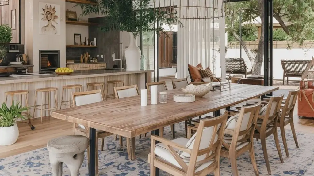 Dining area with long wooden table, chairs, and large windows.