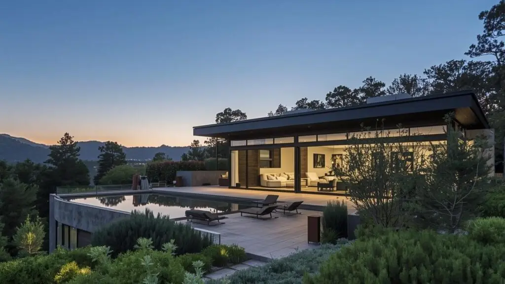 Modern house with large windows, pool, and scenic landscape.