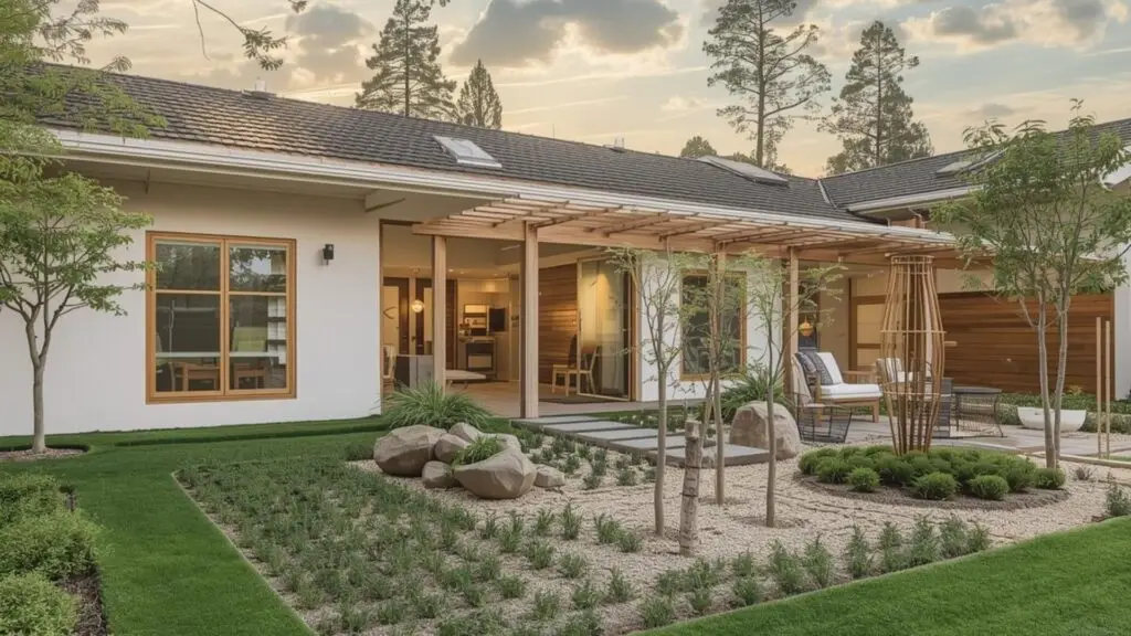 Modern home with landscaped garden, and large windows.