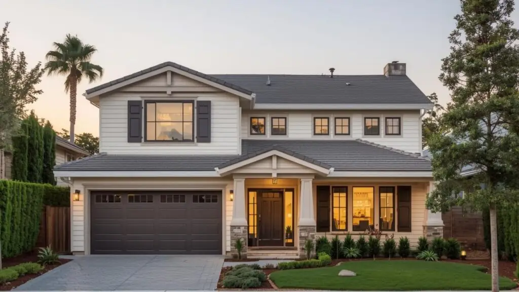 Two-story house with white siding, gray roof, garage, and palm trees, California real estate.