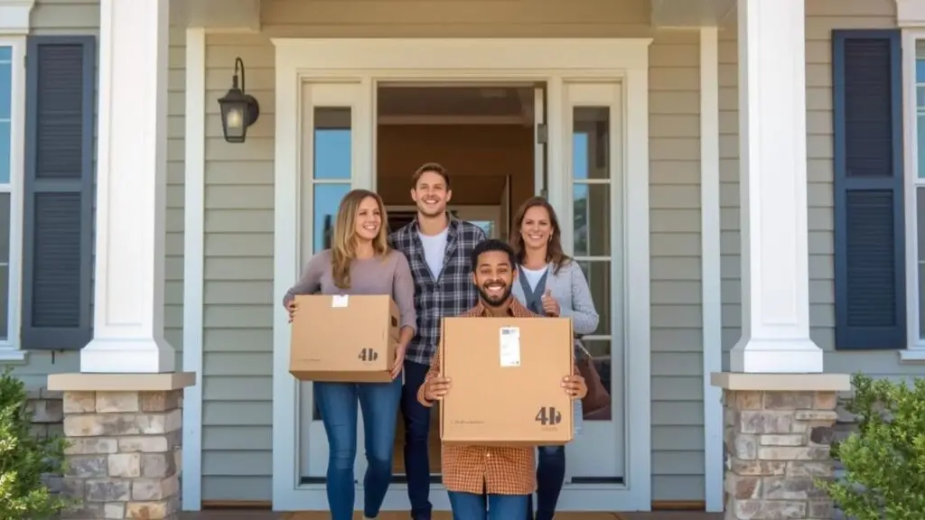 Four people on porch holding cardboard boxes.