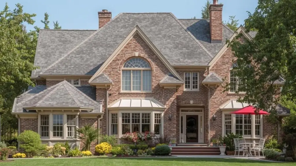 Luxury large brick house with steep roof, front porch, and landscaped yard, California real estate.