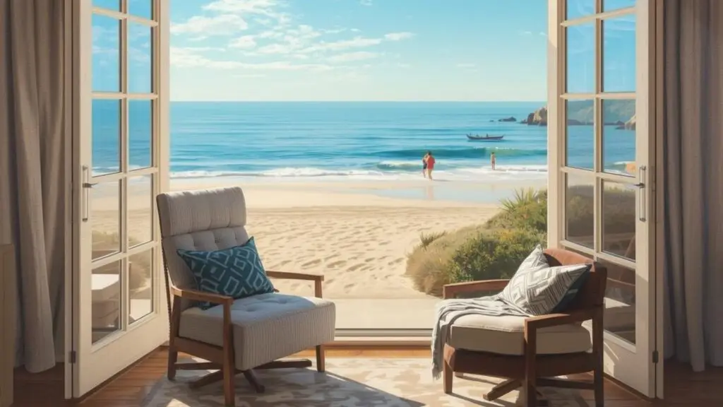 Beach view from window with chairs inside.